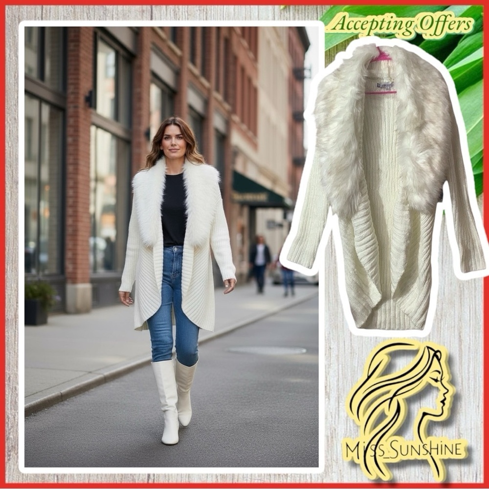 Jennifer Lopez NEW - Sz S - detachable faux fur waterfall knit stylish cardigan